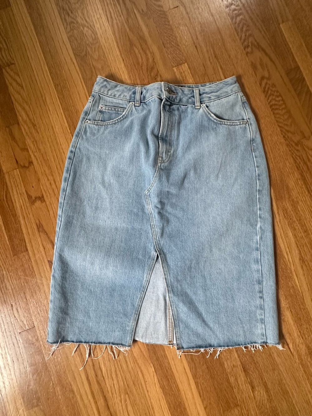 Topshop Light Blue Denim Midi Skirt with Front Slit